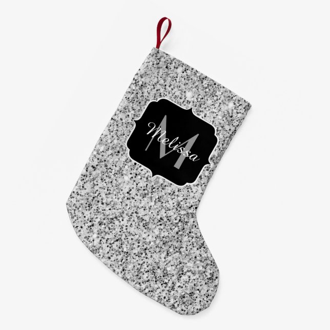 Silver grey light glitter sparkles Monogram Small Christmas Stocking (Front (Hanging))