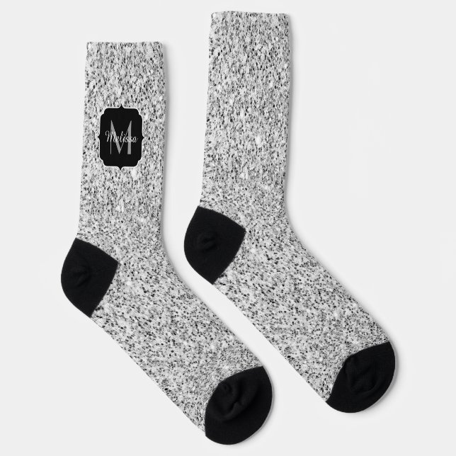 Silver grey light glitter sparkles Monogram Socks (Right)