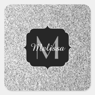 Silver grey light glitter sparkles Monogram Square Sticker