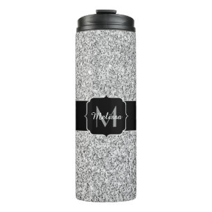 Silver grey light glitter sparkles Monogram Thermal Tumbler