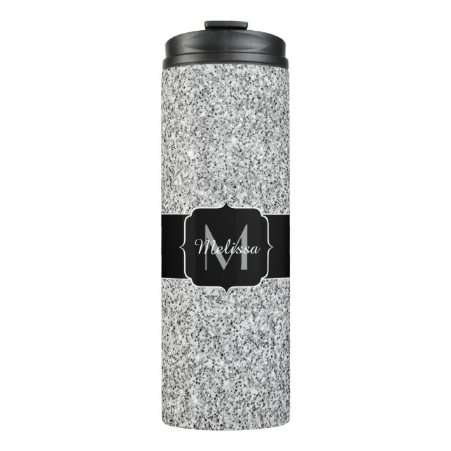 Silver grey light glitter sparkles Monogram Thermal Tumbler (Front)