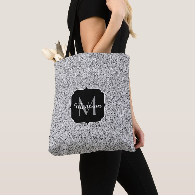 Silver grey light glitter sparkles Monogram Tote Bag (Close Up)
