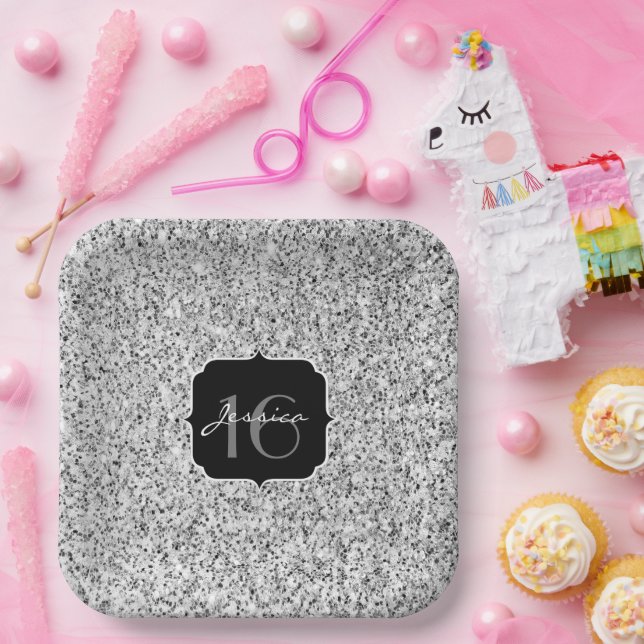 Silver grey light glitter sparkles Sweet 16 Paper Plate (Party)