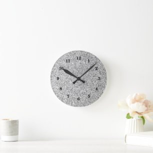 Silver grey light glitter sparkles with numbers round clock