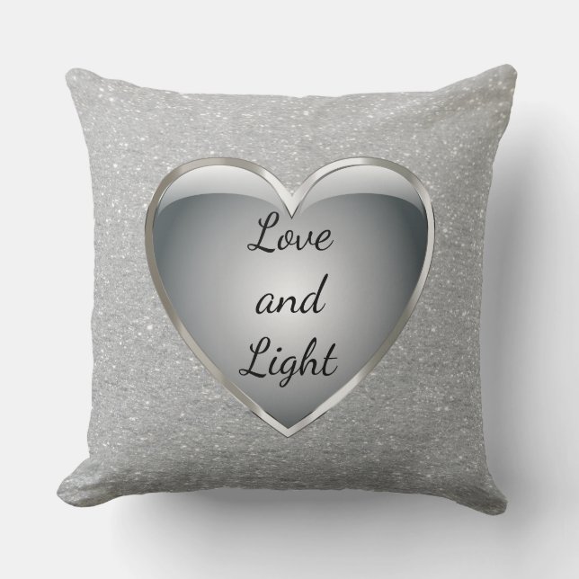 Silver Grey 'Love and Light' quote 'bling Throw Pillow (Front)