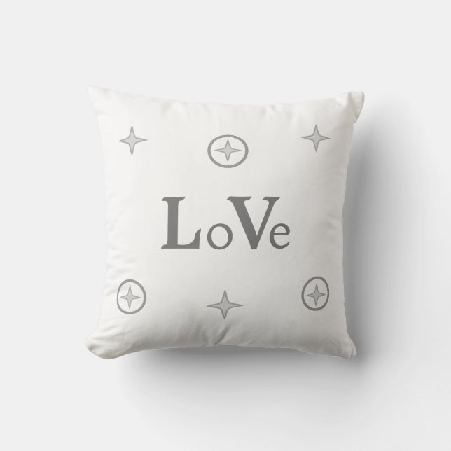 Silver Grey Love Text and Stars on White Throw Pil Throw Pillow (Front)