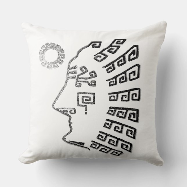 Silver Grey Machu Picchu Drawing on White Throw Pillow (Front)