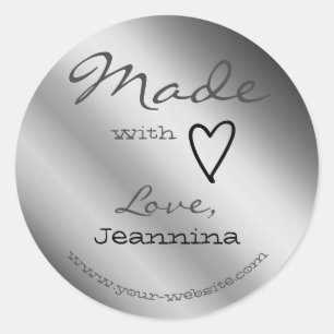 Silver Grey Made with Love Cute Heart Symbol Name Classic Round Sticker