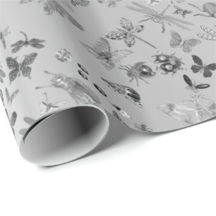 Silver Grey Meadow Butterfly Insects Gems Diamond Wrapping Paper