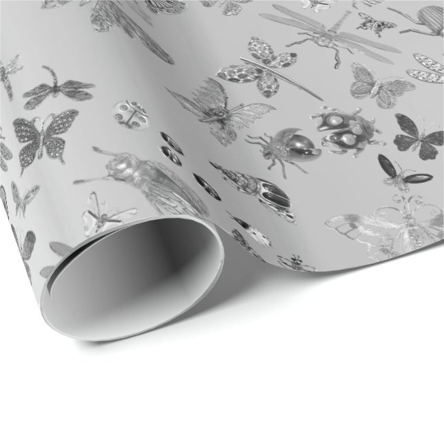 Silver Grey Meadow Butterfly Insects Gems Diamond Wrapping Paper (Roll Corner)