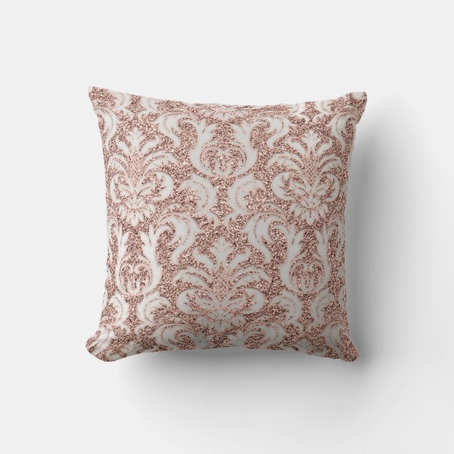 Silver Grey Metal Damask Rose Pink Blush Glitter Throw Pillow (Front)