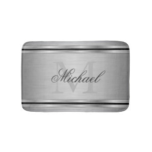 Silver Grey Metalic Pattern Monogram Bath Mat
