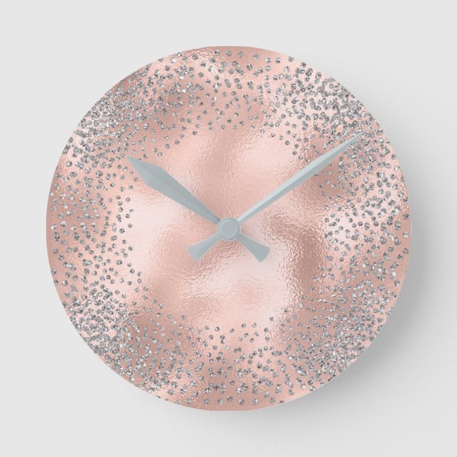 Silver Grey Metallic Confetti Glitter Blush Pink Round Clock (Front)