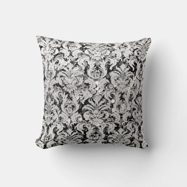 Silver Grey Metallic Damask Monochromatic Sequin Throw Pillow (Front)