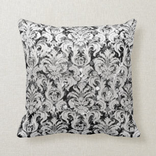 Silver Grey Metallic Damask Monochromatic Sequin Throw Pillow