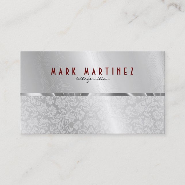 Silver Grey Metallic Design & Damasks- Monogramed Business Card (Front)
