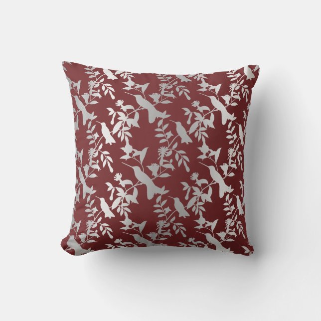 Silver Grey Metallic Floral Humming-birds Burgundy Throw Pillow (Front)