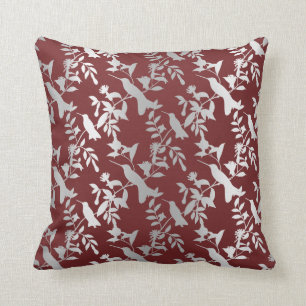 Silver Grey Metallic Floral Humming-birds Burgundy Throw Pillow