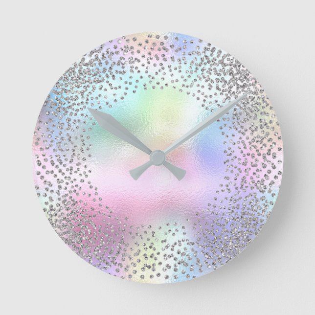 Silver Grey Metallic Unicorn Glitter Blush Pink Round Clock (Front)