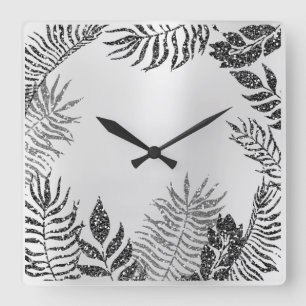 Silver Grey Minimal Black Glitter Metallic Botanic Square Wall Clock