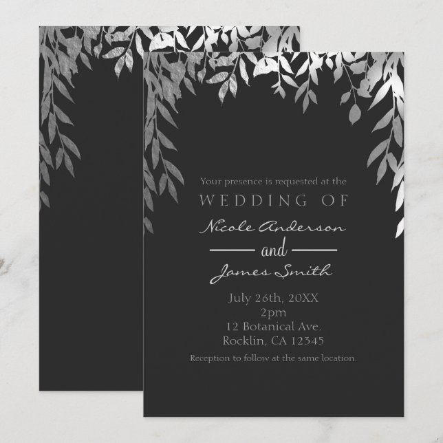Silver & Grey Modern Glam Botanical Leaves Wedding Invitation (Front/Back)
