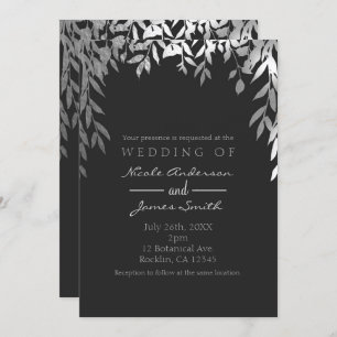 Silver & Grey Modern Glam Botanical Leaves Wedding Invitation