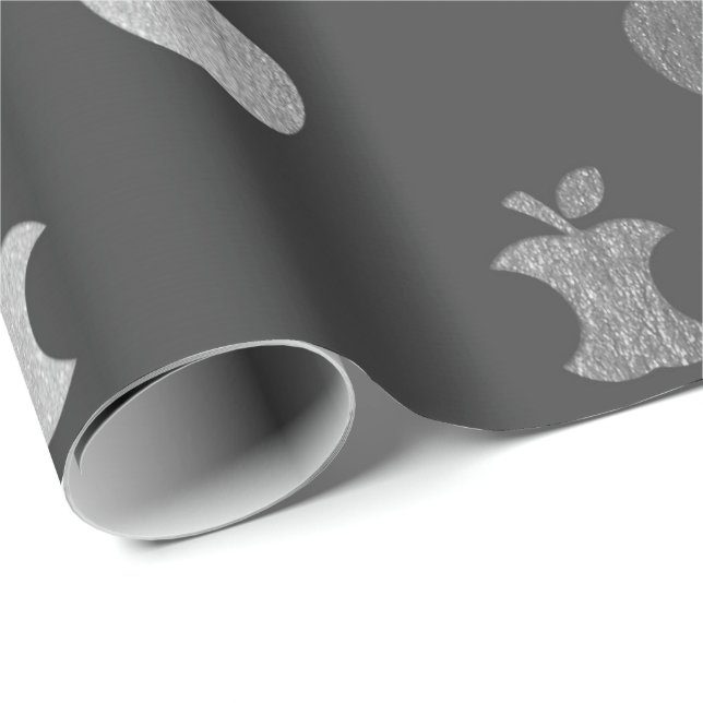 Silver Grey Monochromatic Metallic Apple Fruit Wrapping Paper (Roll Corner)