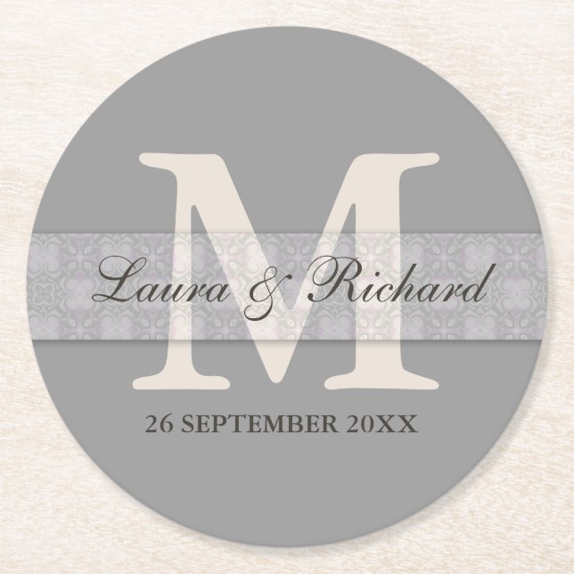 Silver Grey Monogram Bride Groom Names Round Paper Coaster (Front)