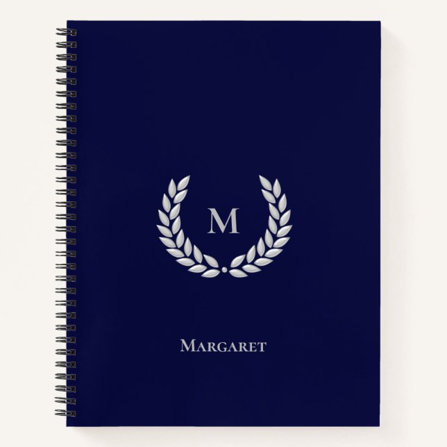 Silver Grey Monogram & Laurel on Navy Blue Noteboo Notebook (Front)