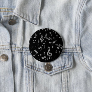 Silver Grey Musical Notes on Black 3 Inch Round Button