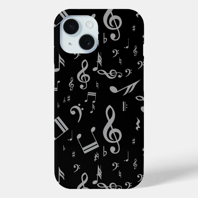 Silver Grey Musical Notes on Black Case-Mate iPhone Case (Back)