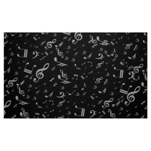 Silver Grey Musical Notes on Black Fabric