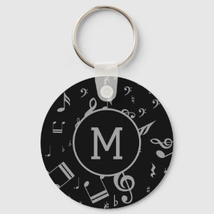 Silver Grey Musical Notes on Black Keychain