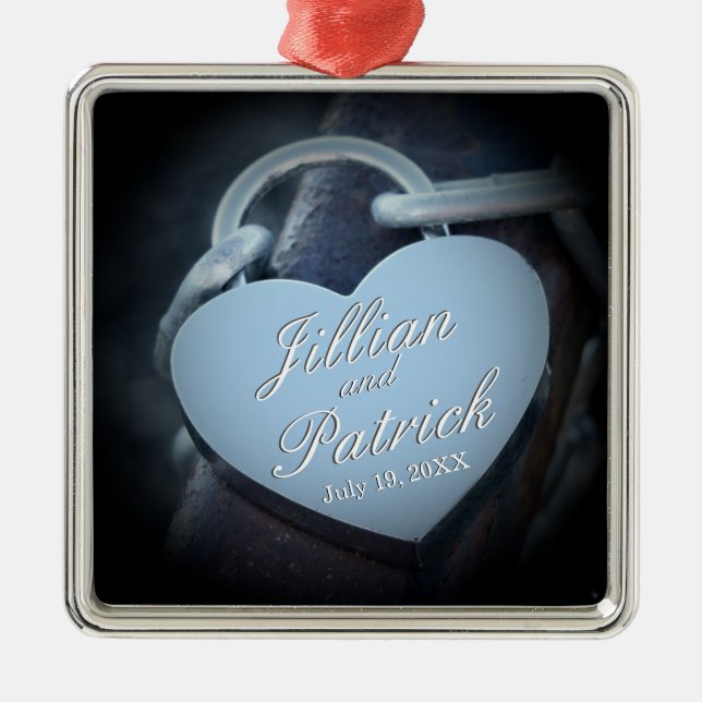 Silver Grey Padlock Chain Link Lovers Metal Ornament (Front)