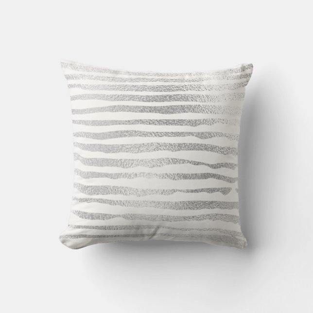 Silver Grey Painted Metallic Stripes Lines White Throw Pillow (Front)