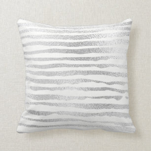 Silver Grey Painted Metallic Stripes Lines White Throw Pillow