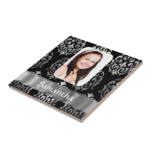 Silver grey personalized damask photo template tile