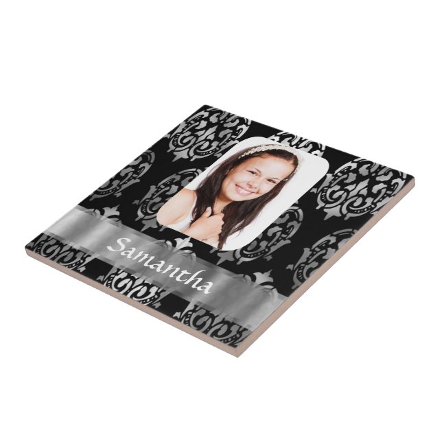 Silver grey personalized damask photo template tile (Side)