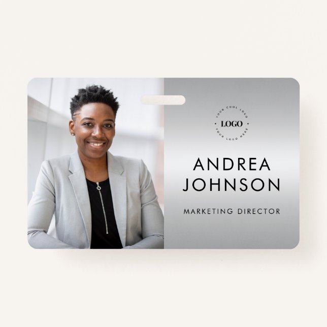 Silver Grey Photo ID Card with Custom Logo & Text Badge (Front)