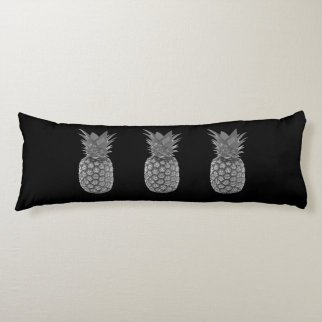 Silver Grey Pineapple Fruits on Black Body Pillow (Front)