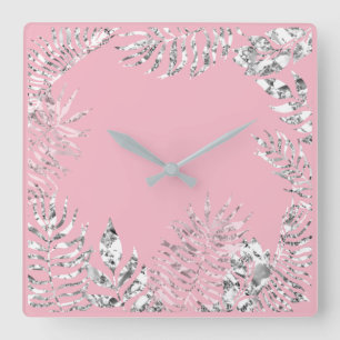 Silver Grey Pink Pastel Palm Botanical Metallic Square Wall Clock