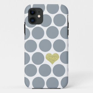 Silver Grey Polka Dots Glitter Heart iPhone 11 Case
