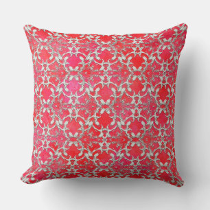 Silver Grey Red Dancing Scrolls Throw Pillow