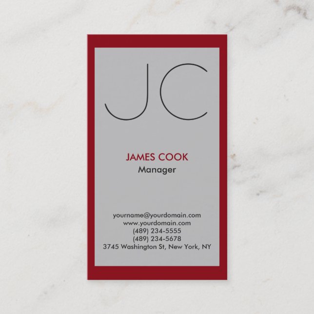 Silver grey red vertical professional monogram business card (Front)