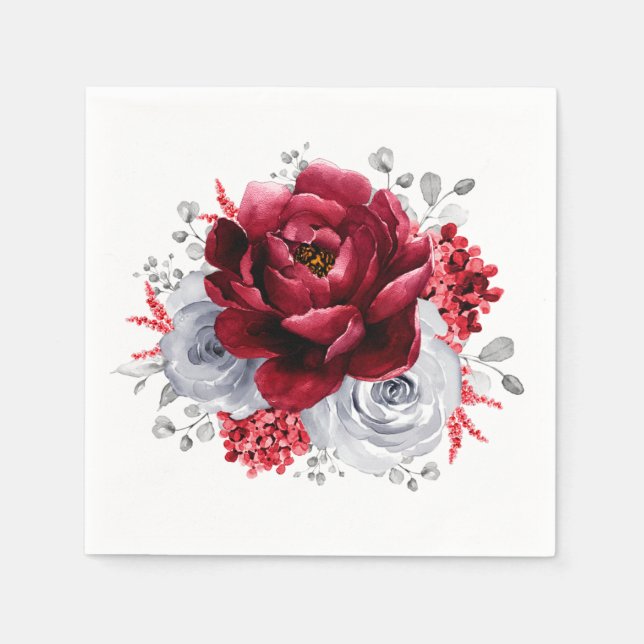 Silver Grey Red White Floral  Rustic Wedding  Napkin (Front)