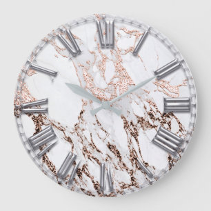 Silver Grey Roman Number Metallic Marble Rose Gold Large Clock