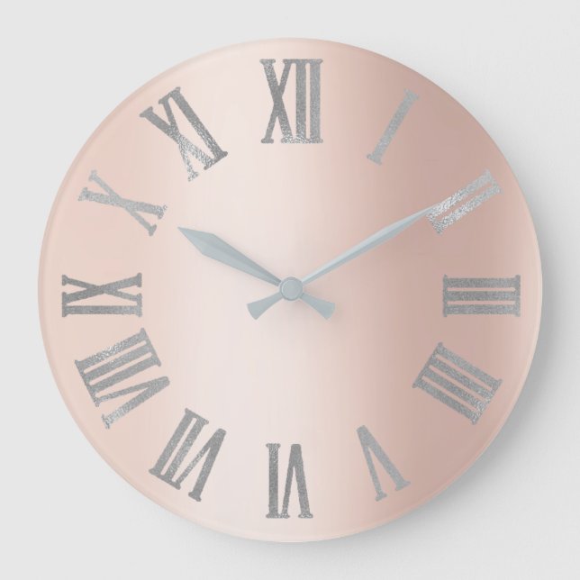 Silver Grey  Rose Pink Minimal  Roman Numbers Lux Large Clock (Front)