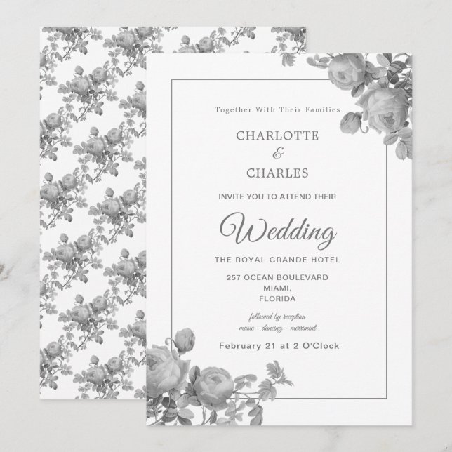 Silver Grey Roses Elegant Floral Wedding Invitation (Front/Back)