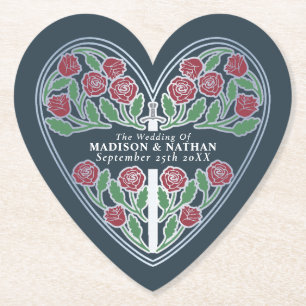 Silver Grey Royal Medieval Floral Sword Wedding Paper Coaster