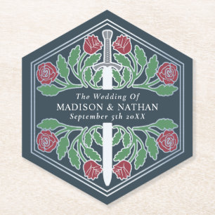 Silver Grey Royal Medieval Floral Sword Wedding Paper Coaster